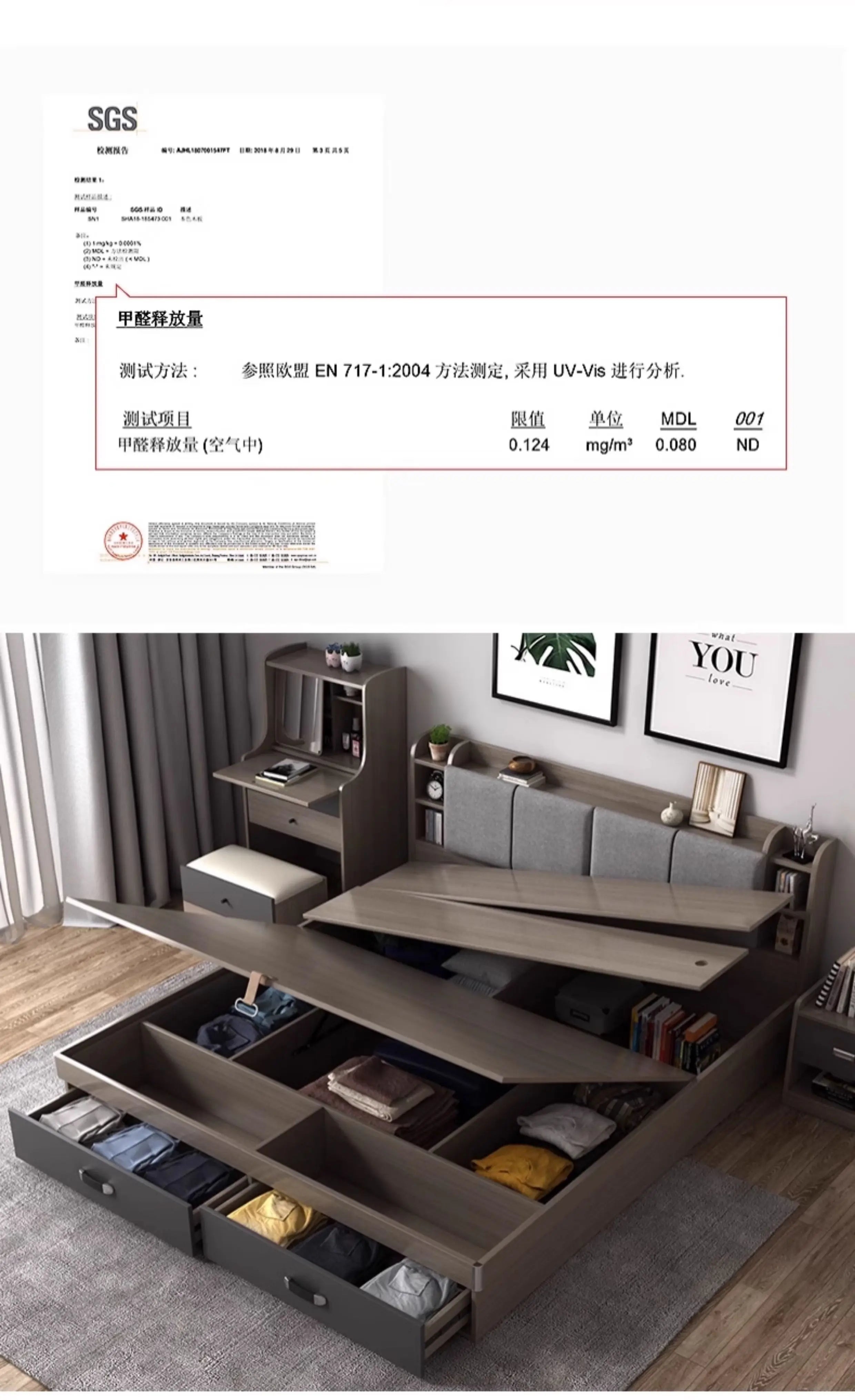 Modern wooden bed frame with built-in storage drawers, a lift-up platform base, and a grey upholstered headboard.