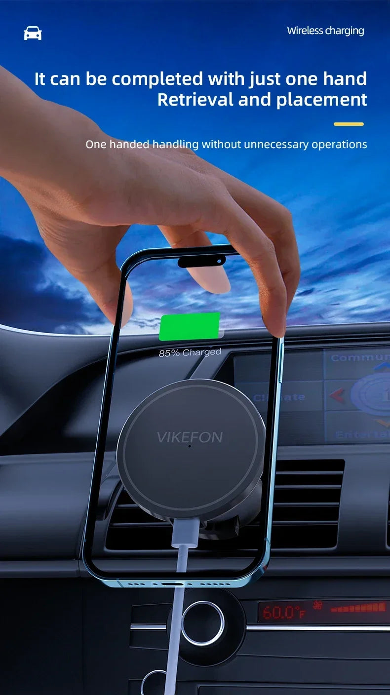 Magnetic car phone mount in circular black design, mounted on air vent for wireless charging. Hand attaching phone.