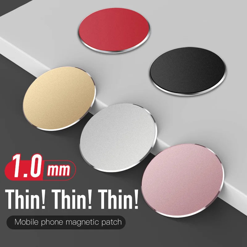 Five round, 1.0mm thin magnetic phone patches in red, black, gold, silver, and rose gold.