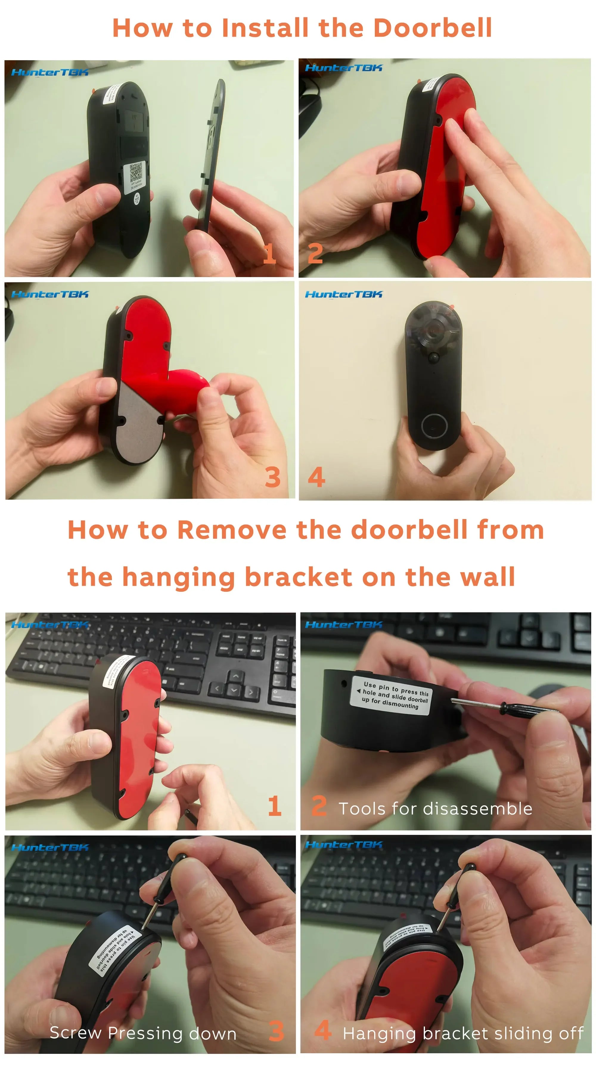 Step-by-step guide showing how to mount and remove a sleek, black wireless smart video doorbell.