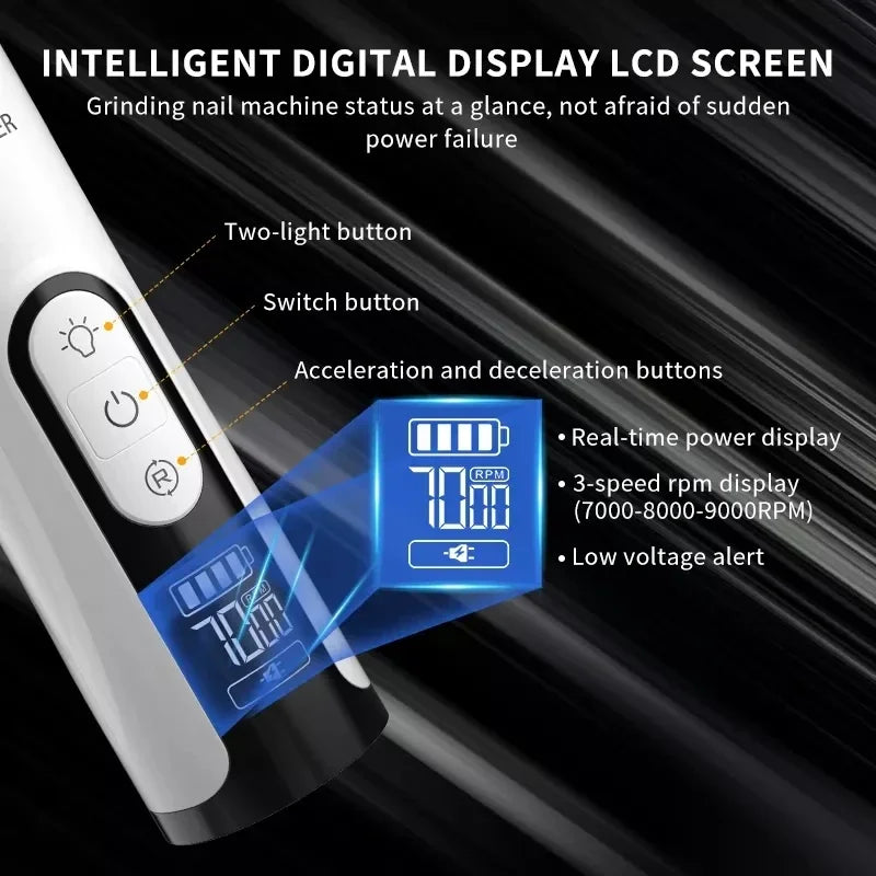 White electric pet nail grinder with an LED display showing battery life and speed settings, plus control buttons.