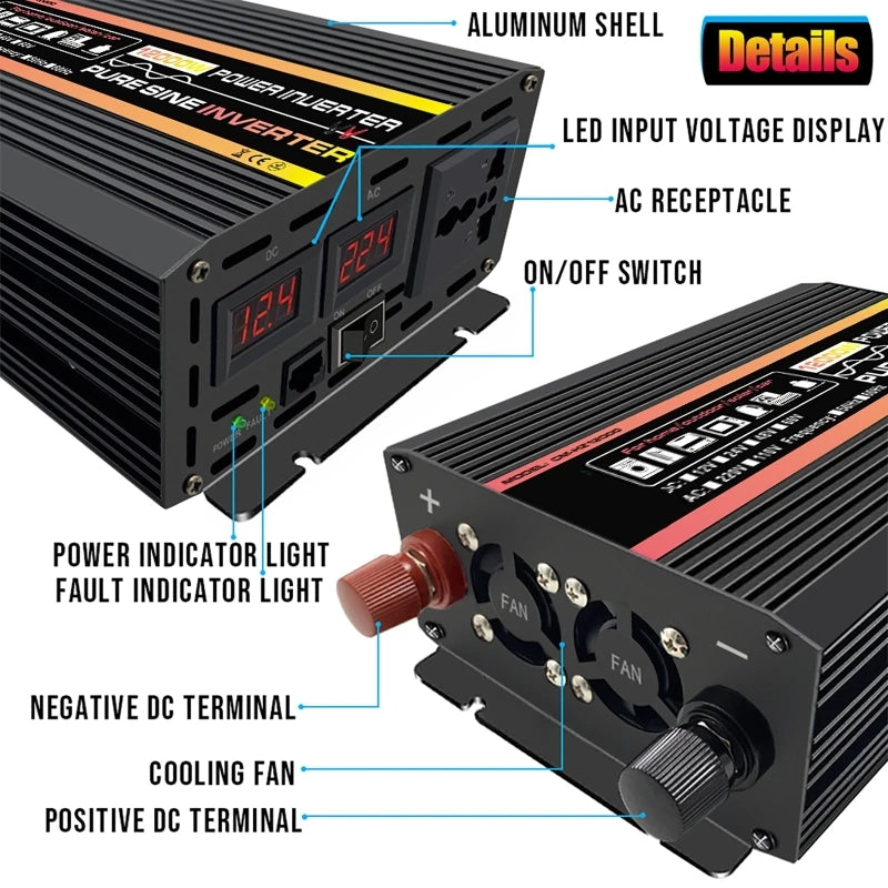 Black 12000W power inverter with aluminium shell, LED voltage display, cooling fans, and DC terminals.