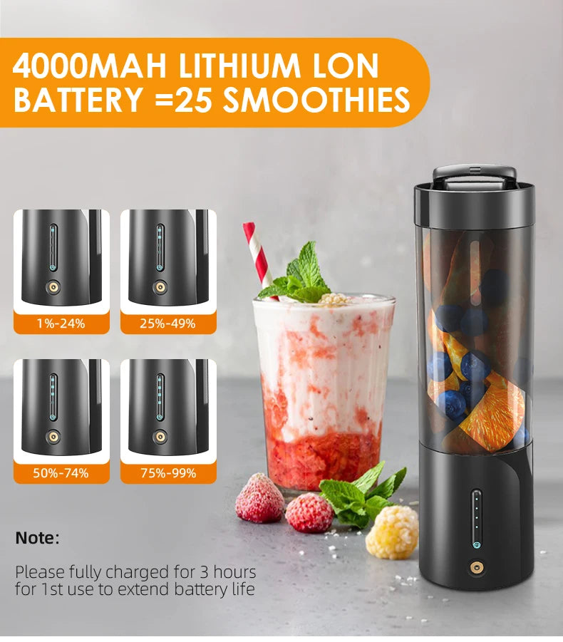 Black portable blender with a 4000mAh battery, displaying LED charge indicators next to a glass of fruit smoothie.