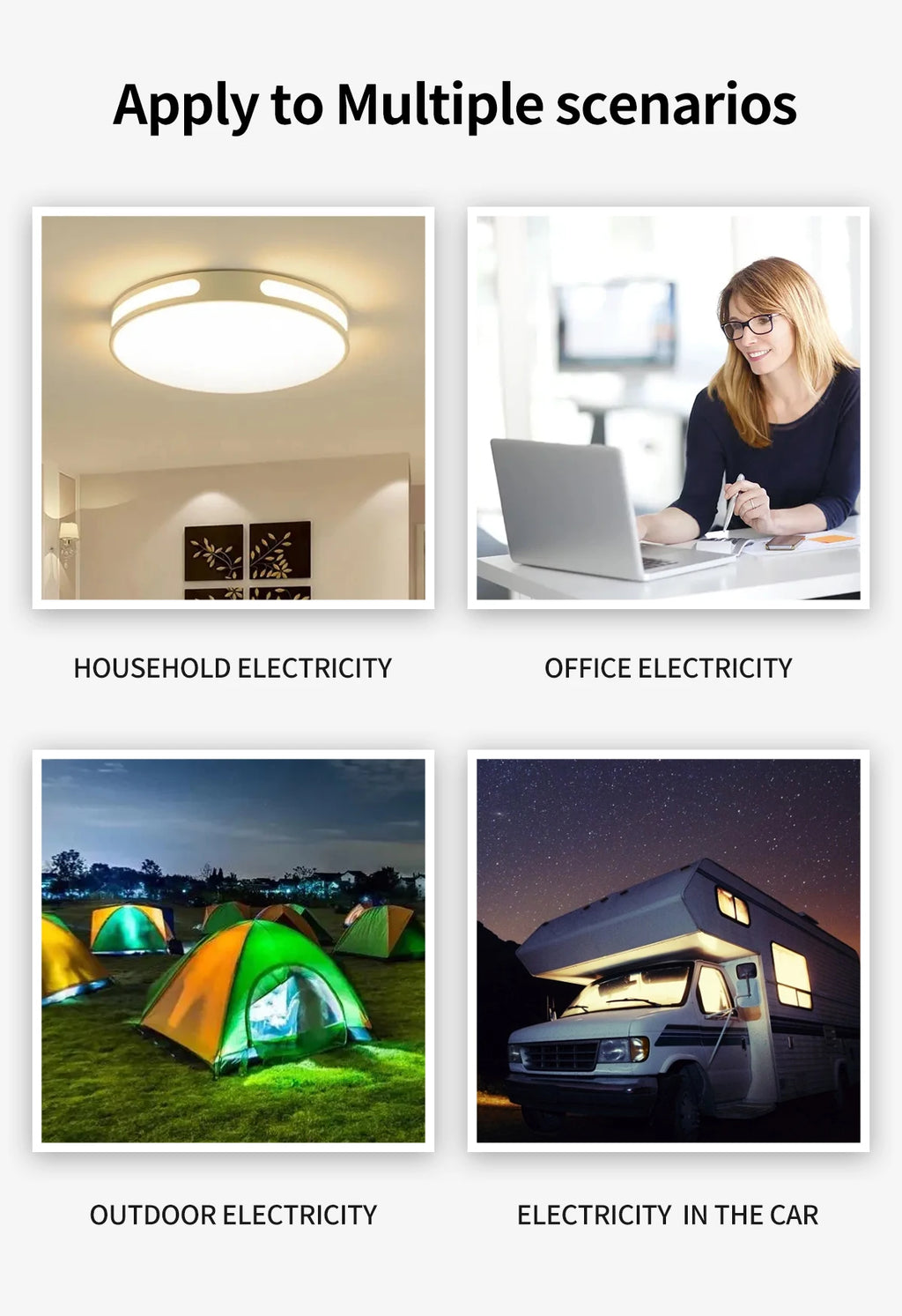 Four images showing power inverter uses: home lighting, office laptop work, campsite tents, and a campervan at night.