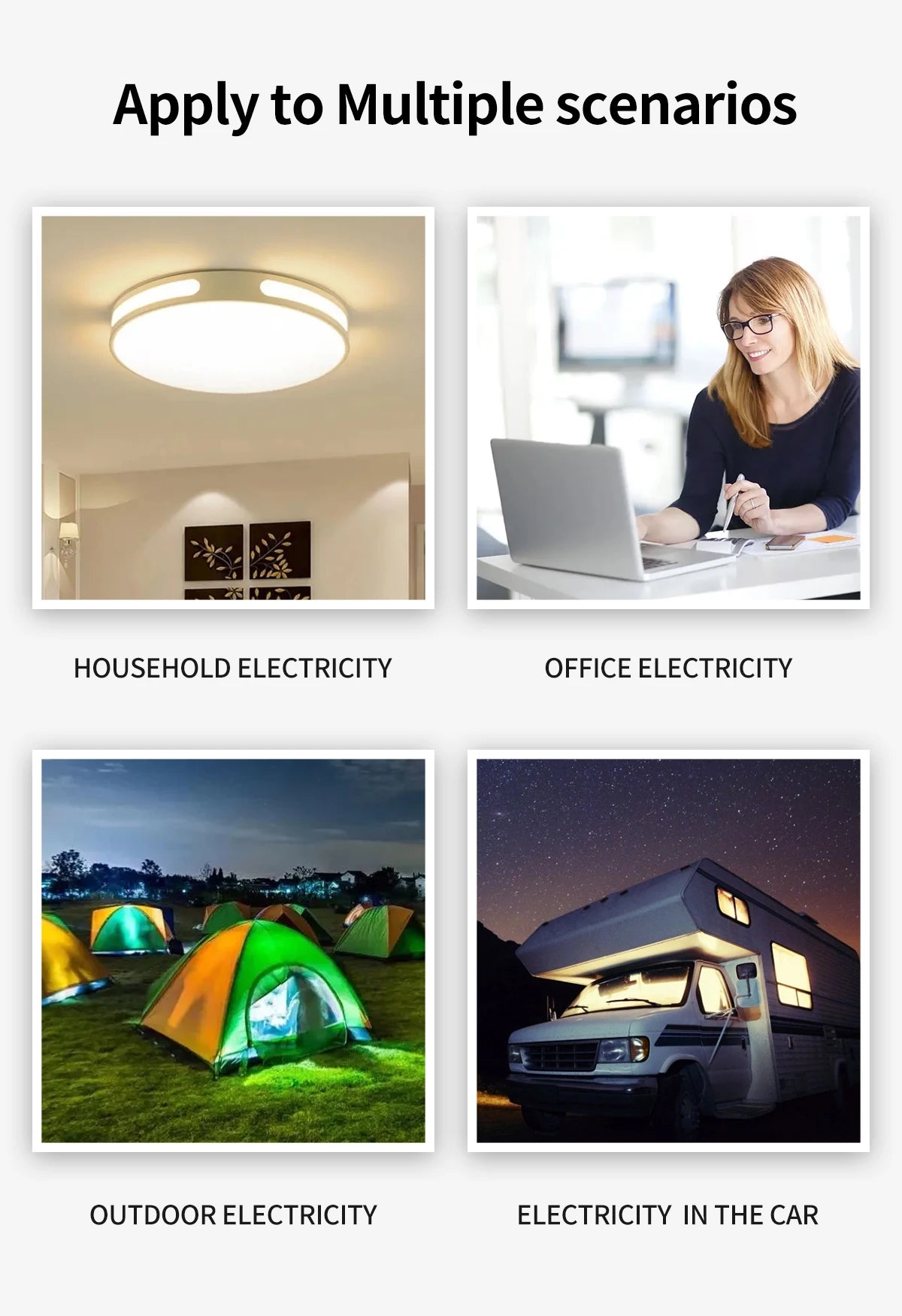 Four images showing power inverter uses: home lighting, office laptop work, campsite tents, and a campervan at night.
