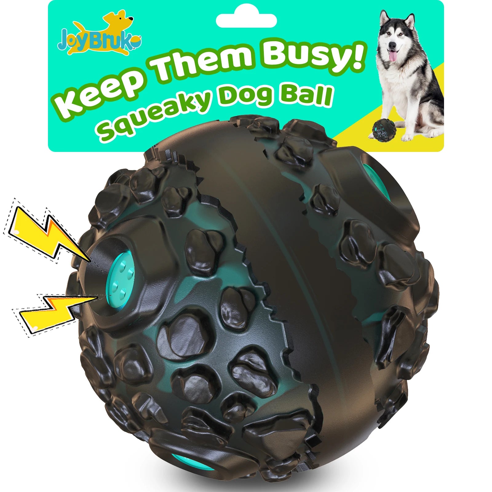 A black, textured interactive dog ball with teal details and squeaky sound ports on retail display packaging.