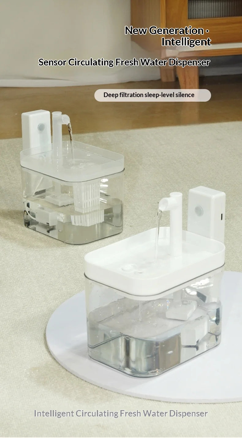 White, modern automatic pet water fountain with a clear tank, integrated filter and sensor-activated water flow.