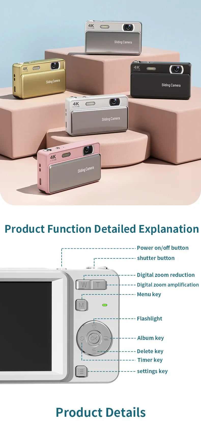 Five colorful 4K digital cameras with sliding lens covers and a close-up of the rear control buttons and screen.