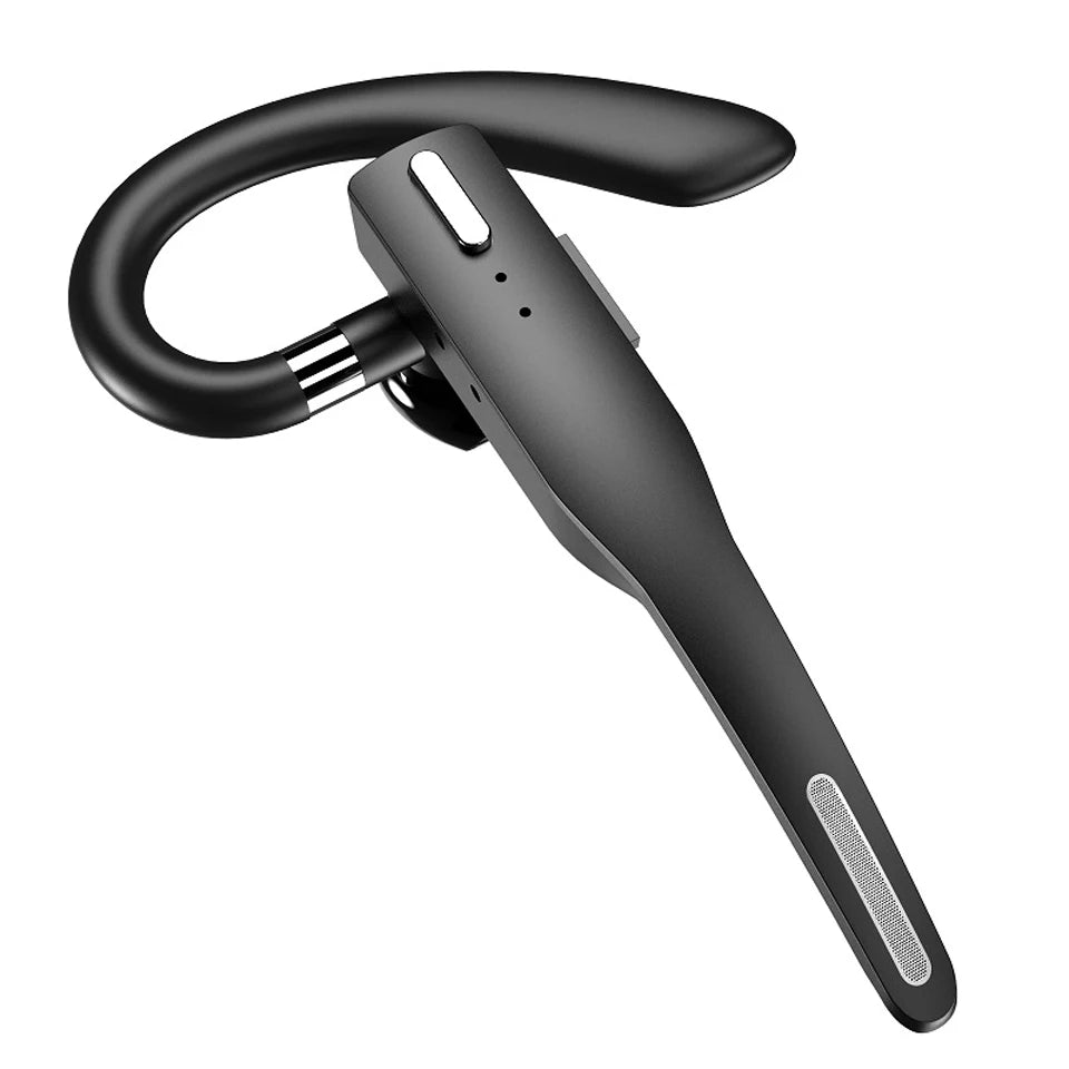 Sleek, matte black wireless Bluetooth ear-hook headset with noise-cancellation and silver metallic detailing.