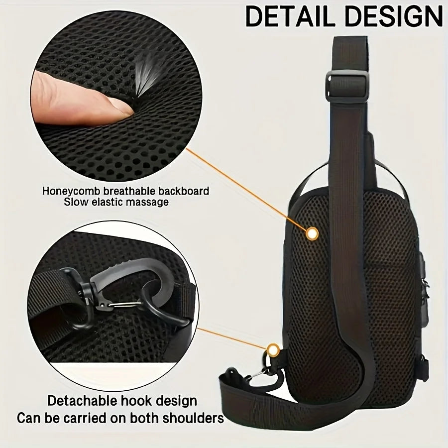 Black men’s sling bag featuring a breathable honeycomb back panel and a versatile, detachable shoulder strap hook.