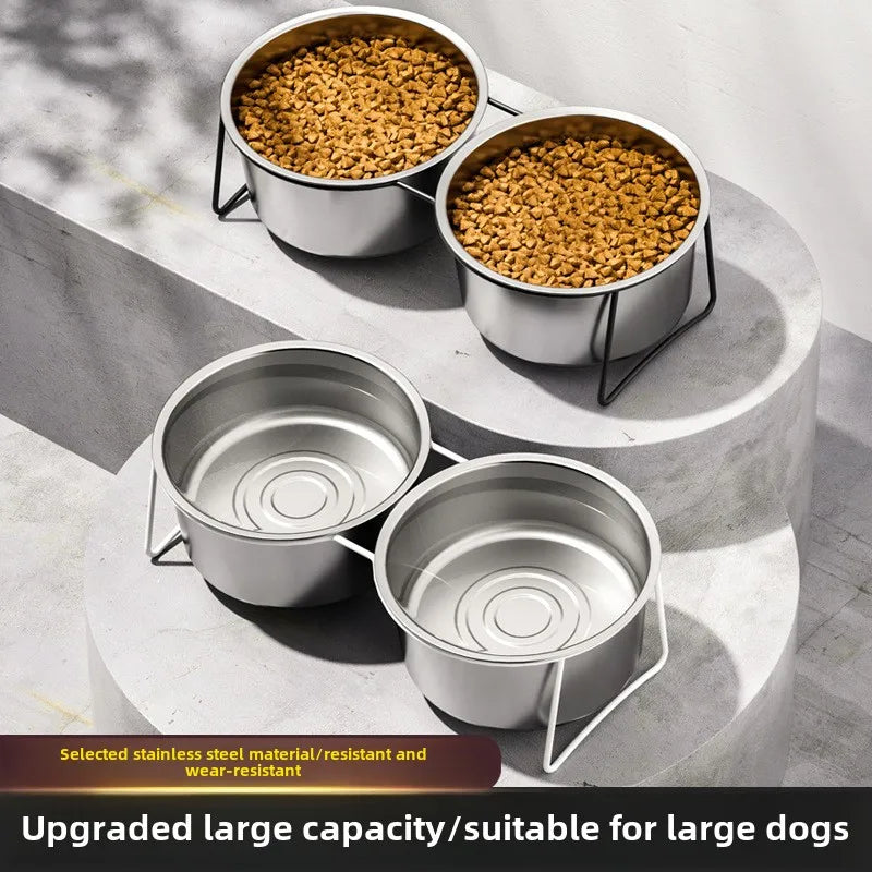 Two sets of elevated silver stainless steel dog bowls with black and white stands, filled with food and water.