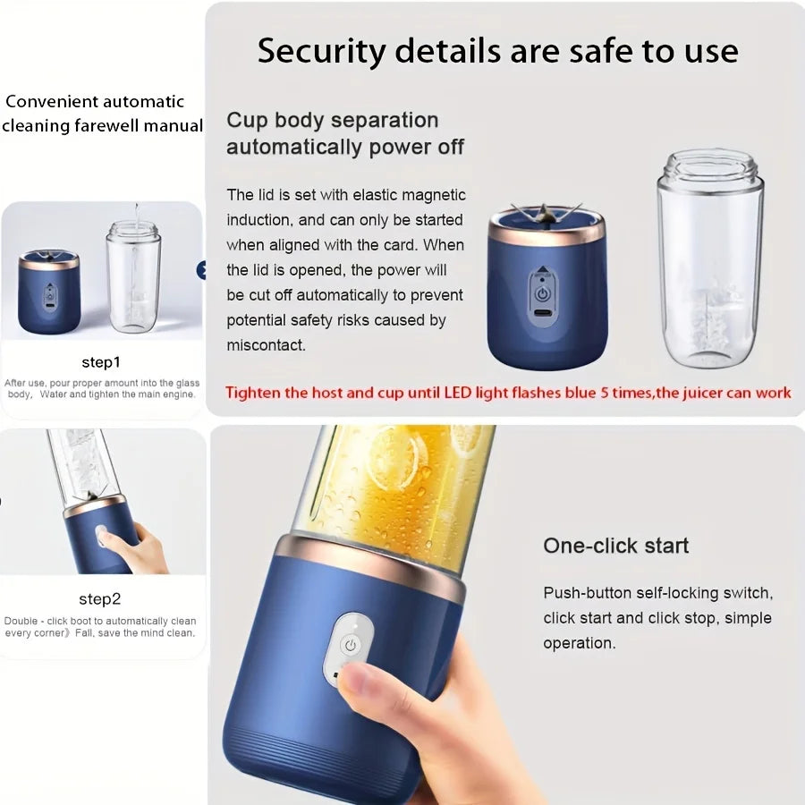 Portable blue and rose gold electric blender with a clear glass cup and one-touch power button.