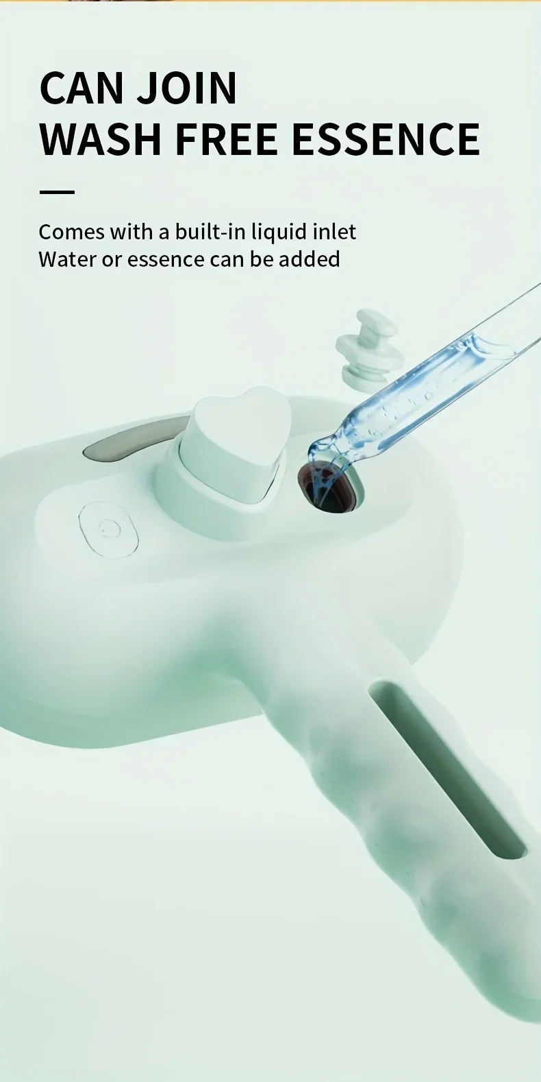 Mint green pet grooming brush with a heart-shaped cap and a refillable liquid inlet for water or essence.