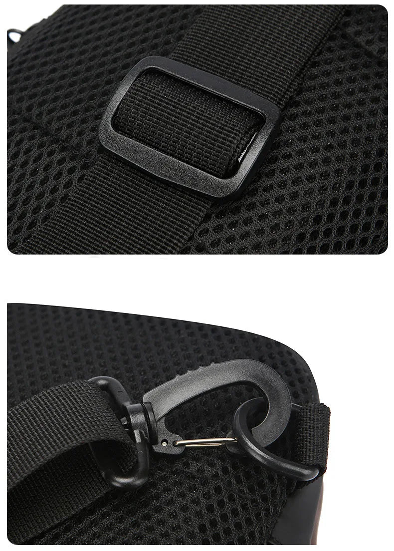 Close-up of a black sling bag showing the adjustable strap buckle and durable plastic clip attachment on mesh fabric.