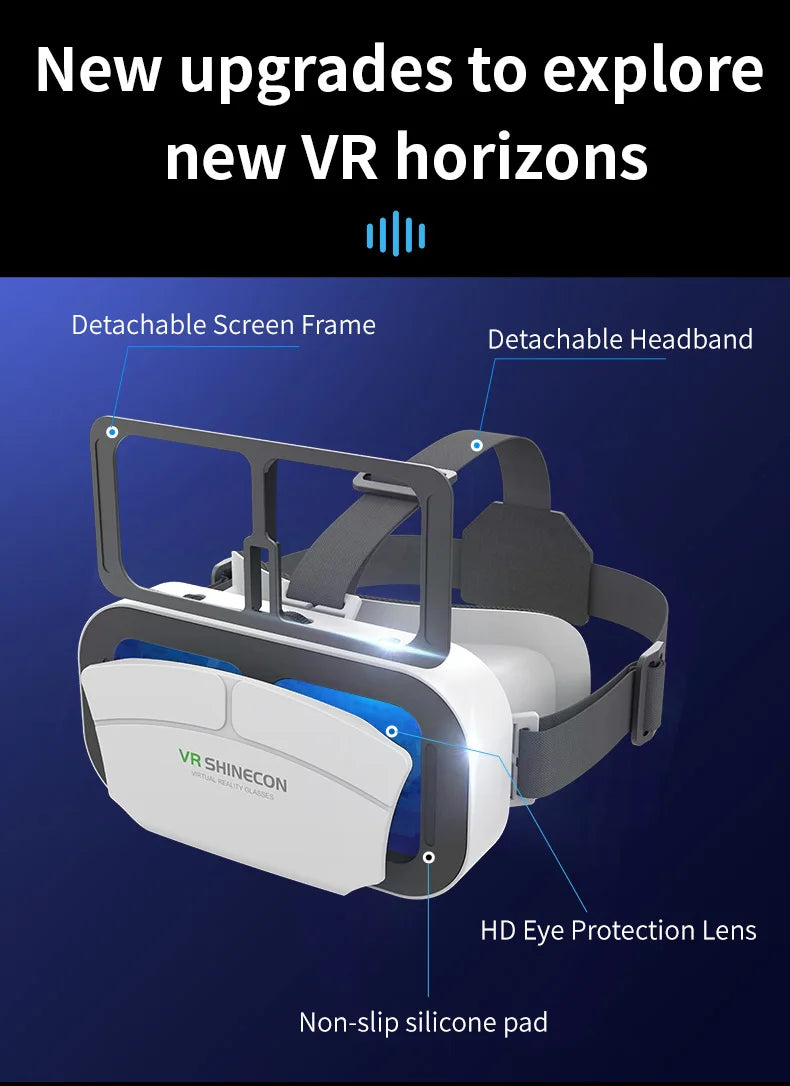White VR headset for smartphones, featuring a detachable screen frame and headband, HD lenses, and non-slip padding.