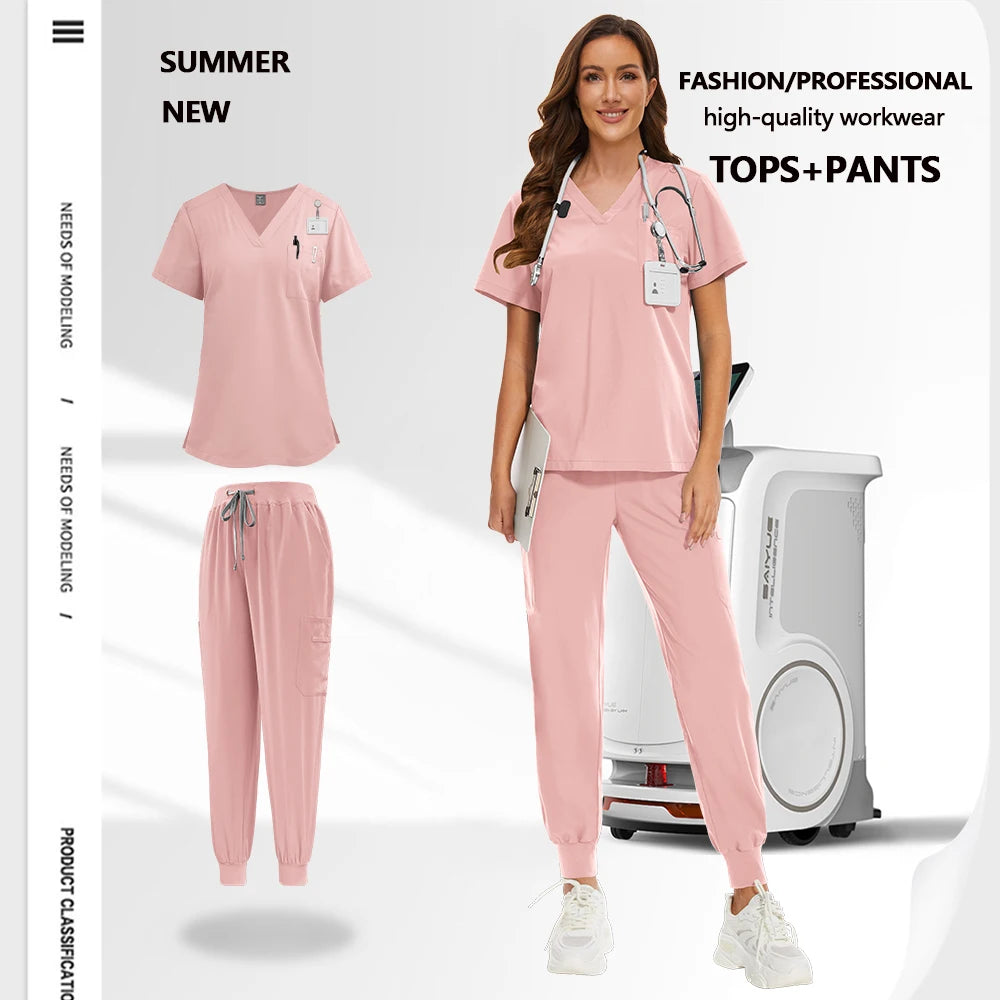 Unisex pink medical scrub set featuring a V-neck top with pockets and cuffed trousers with a drawstring waist.