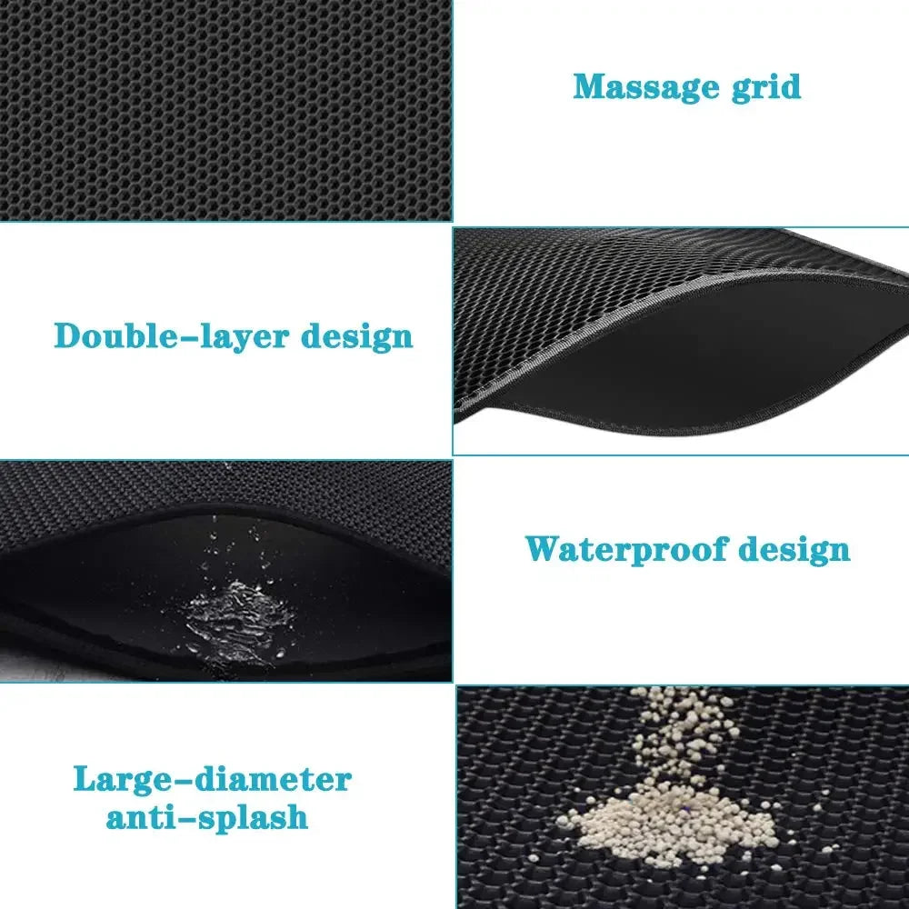 Black double-layer waterproof cat litter mat featuring a non-slip massage grid design to capture loose litter.