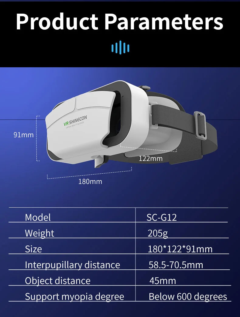 White and black smartphone VR headset with an adjustable head strap, shown with dimensions and technical specifications.