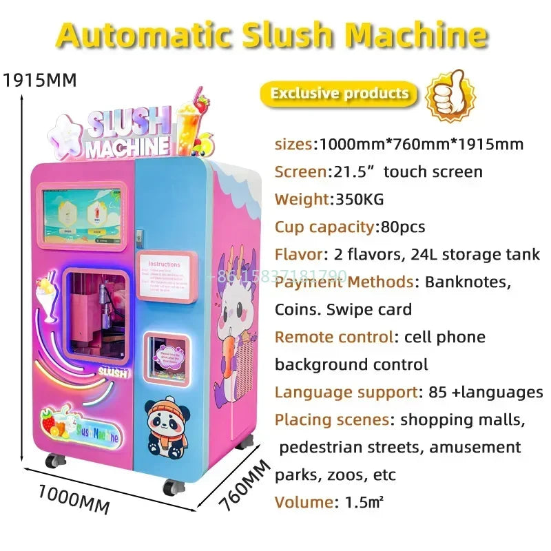 Pink and blue automatic commercial slush vending machine with touchscreen, cute graphics, and payment slot.
