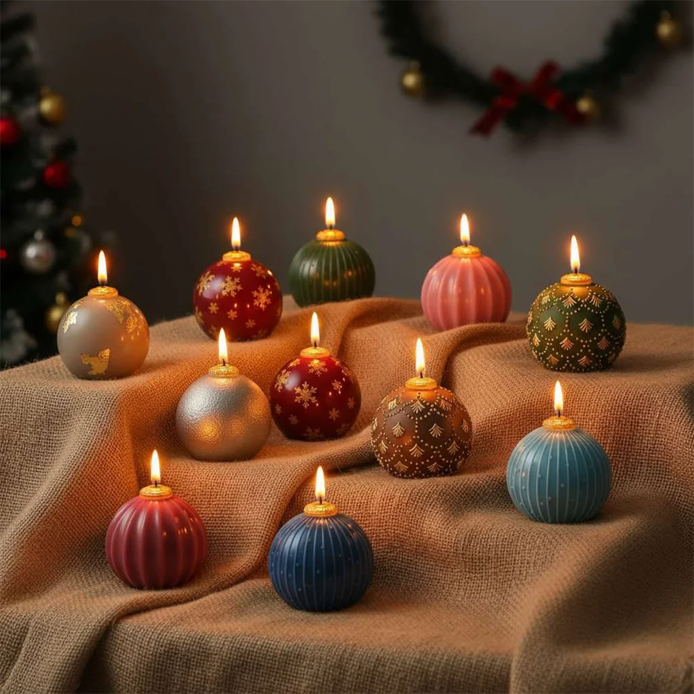 Ten lit spherical Christmas bauble candles in assorted colors and patterns on a draped burlap cloth.