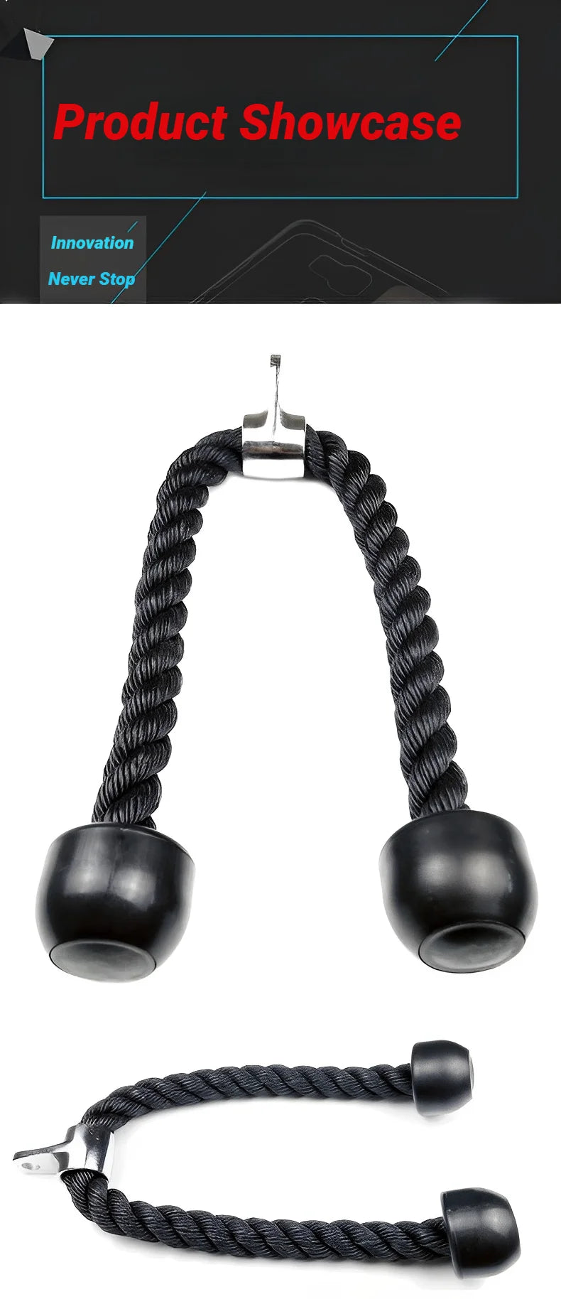 Black braided tricep pull-down rope attachment with a central steel attachment point and solid rubber end stops.