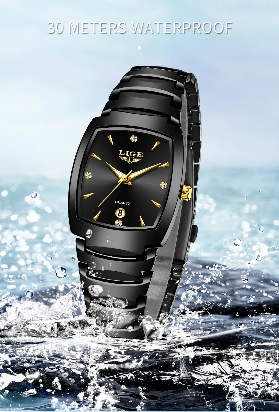 Black stainless steel quartz watch with gold hands, stone indices, date display, and 30m water resistance.