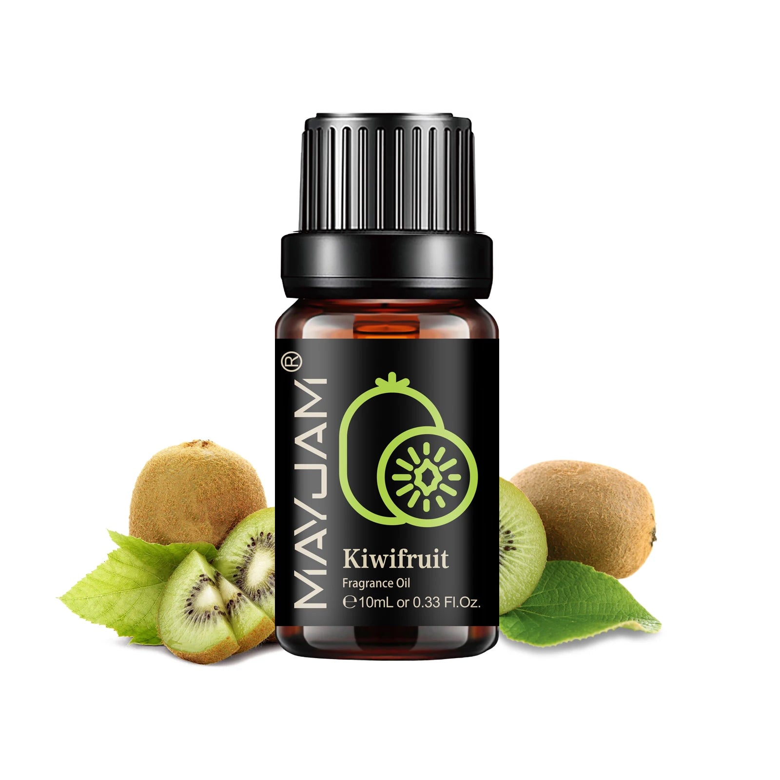 10ml amber glass bottle of kiwifruit fragrance oil with a black cap, surrounded by fresh kiwifruit slices and leaves.