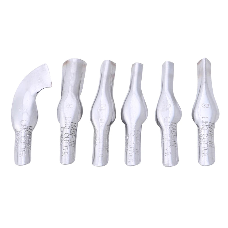 Set of six silver-coloured metal linoleum cutting blades with assorted tip shapes for carving and printmaking.
