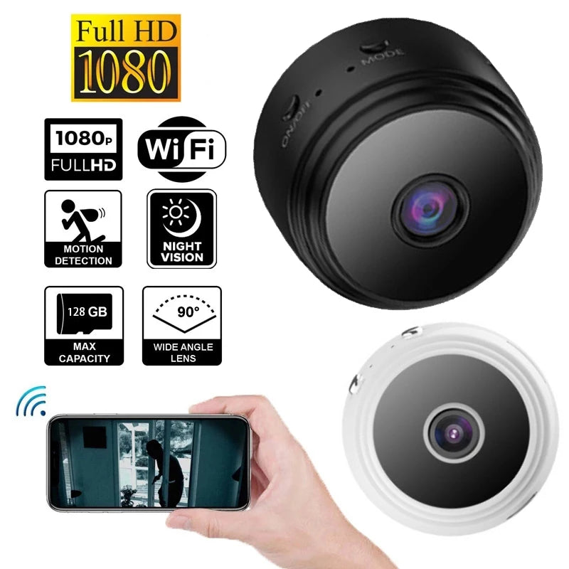 Black and white plastic mini Wi-Fi security cameras featuring 1080p video, motion detection, and night vision.