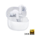 Glossy white wireless earbuds with silicone tips and a matching charging case, featuring a sleek, modern design.