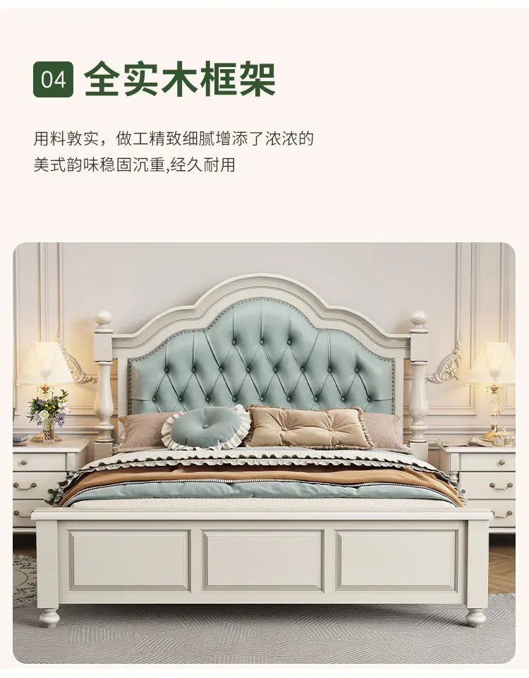 Elegant double bed frame in off-white wood with a sage green, button-tufted upholstered arched headboard.