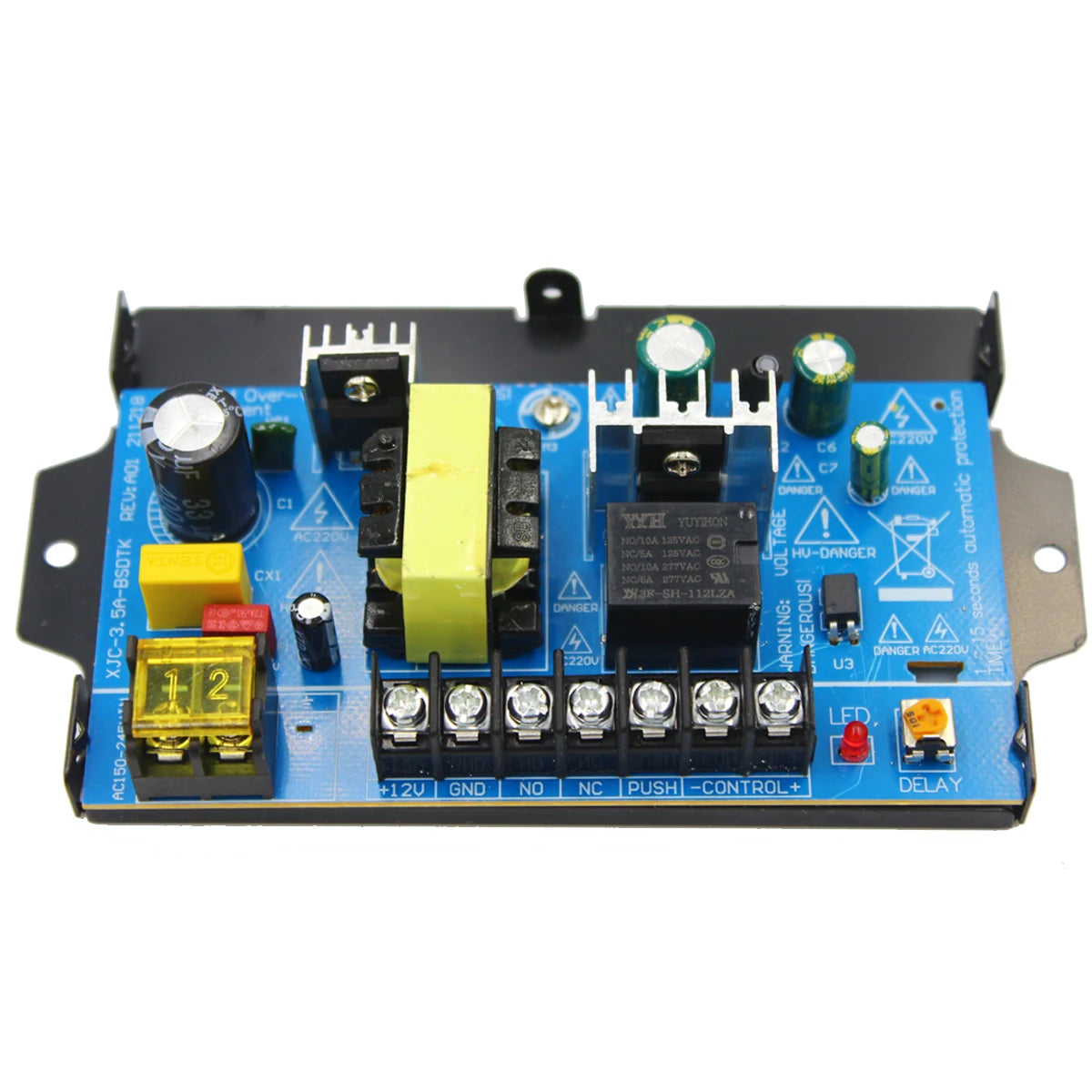Blue electronic circuit board with a yellow transformer, black relay, terminals, and components on a metal base.