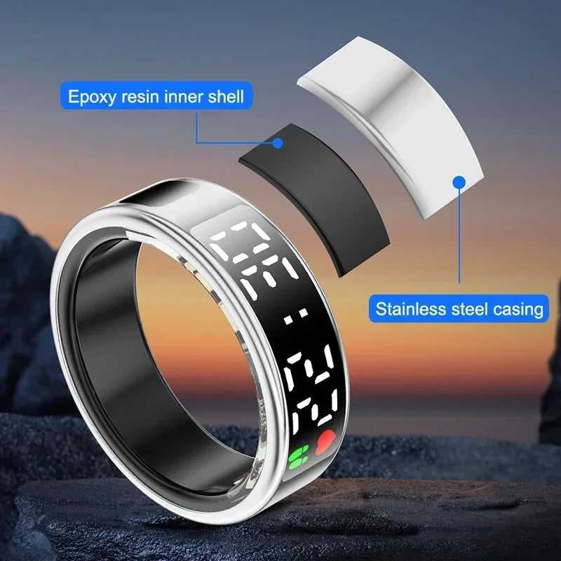 Silver smart health ring with stainless steel casing, black epoxy resin inner shell, and a digital health display.