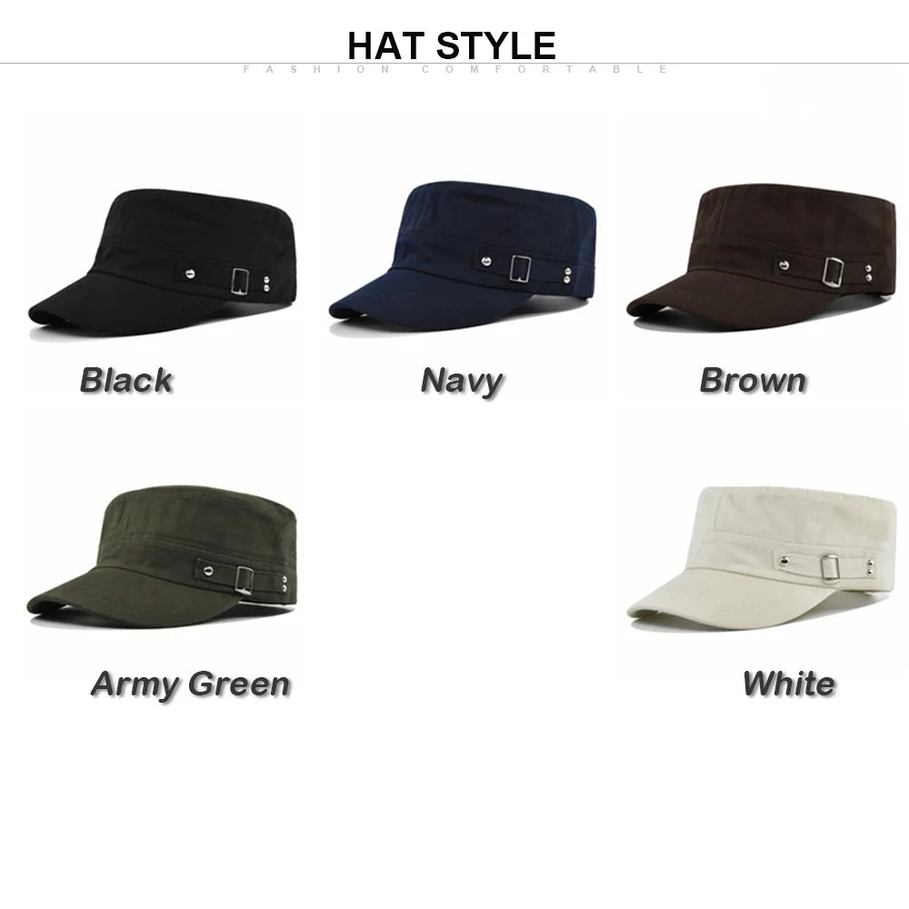 Unisex military-style flat caps with buckle detail, available in black, navy, brown, army green, and white.