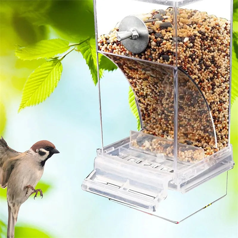 Clear plastic bird feeder filled with birdseed, featuring a metal screw knob and a small perch.