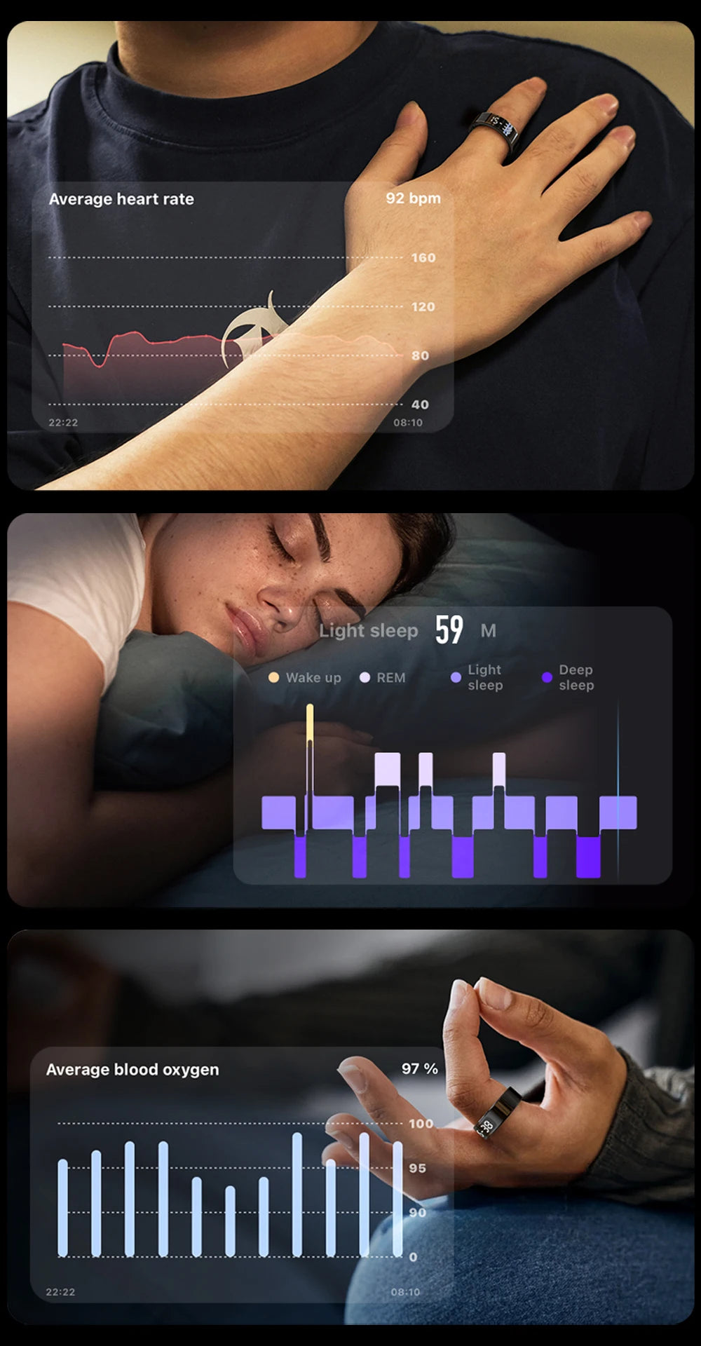 Sleek black smart ring with integrated display showing heart rate, sleep quality and blood oxygen tracking data.