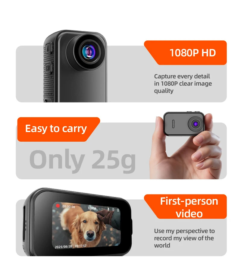Small black plastic camera recording 1080p video, held in hand, weighing 25g.