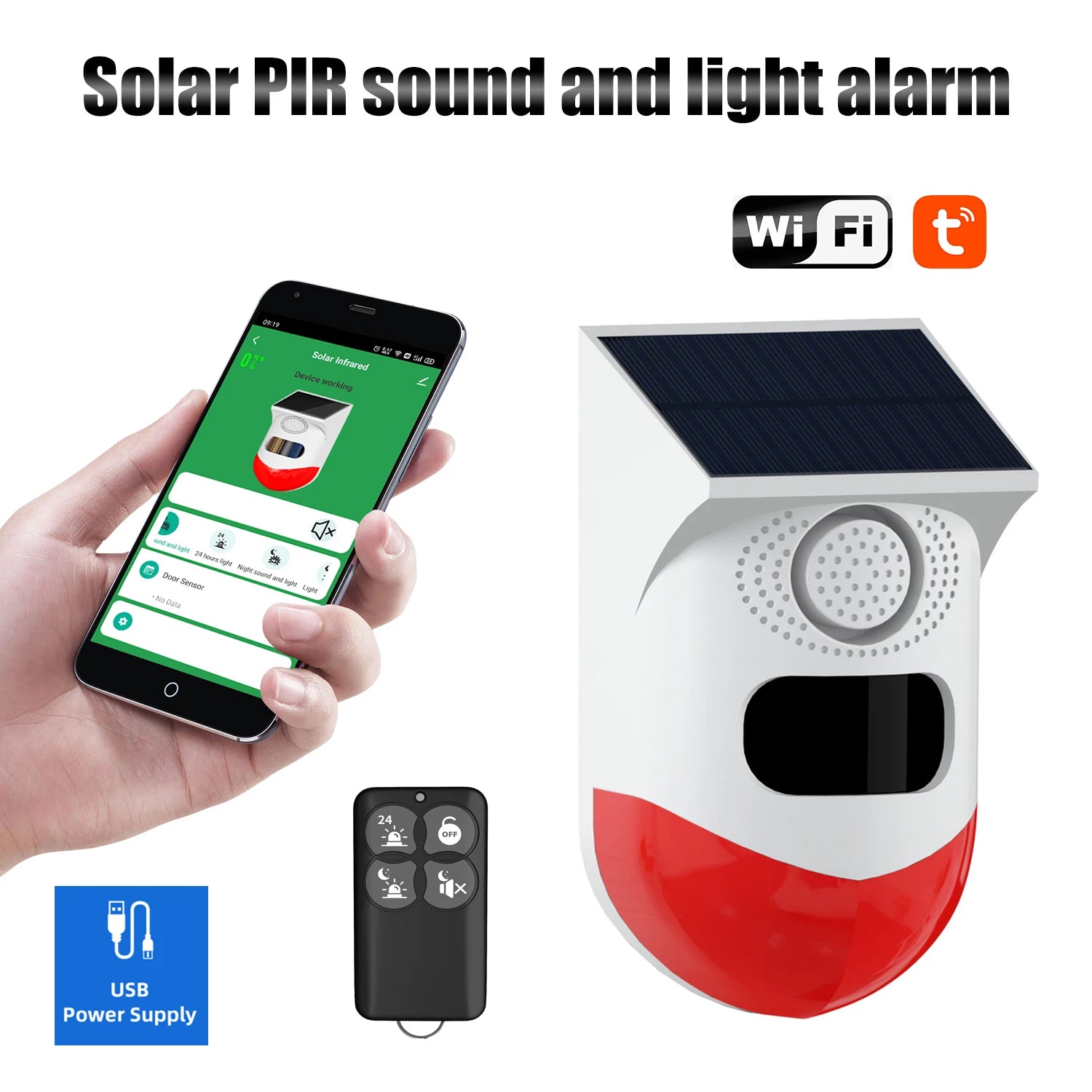 White and red solar-powered security alarm with speaker and sensor, controlled by a smartphone app or remote fob.