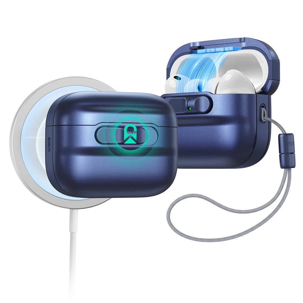 Metallic blue protective locking case for AirPods Pro, with lanyard and magnetic wireless charging capability.