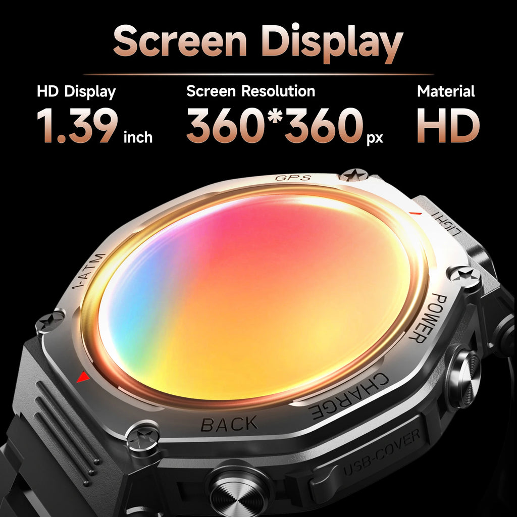 Close-up of a rugged silver smart watch with a vibrant 1.39-inch HD display, GPS, and integrated light features.