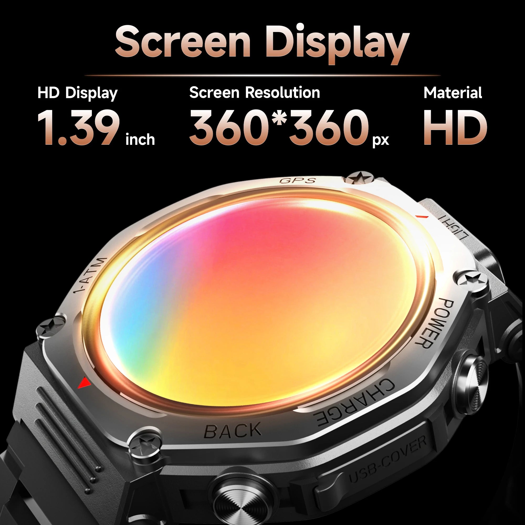 Close-up of a rugged silver smart watch with a vibrant 1.39-inch HD display, GPS, and integrated light features.