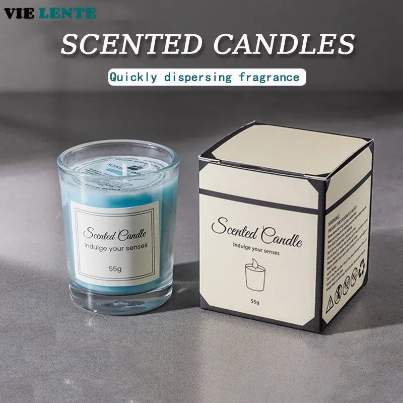 Blue scented candle in a glass votive with matching cream-coloured gift box. 55g size.