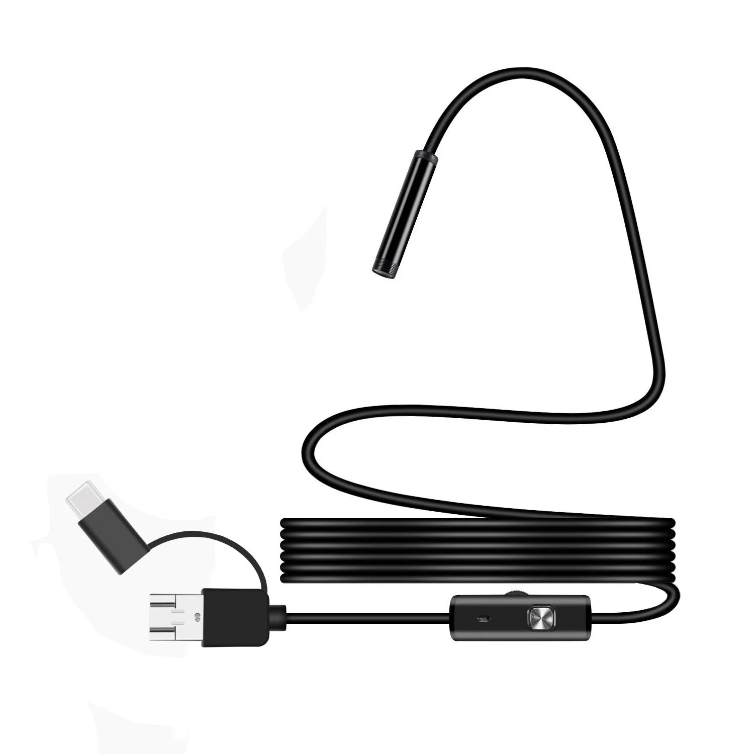Black industrial inspection endoscope camera with flexible cable, LED light, and multi-connector USB interface.