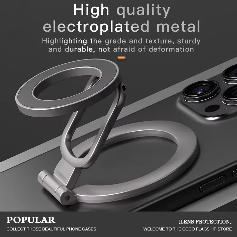 A grey electroplated metal ring stand attached to the back of a smartphone, offering adjustable viewing angles.
