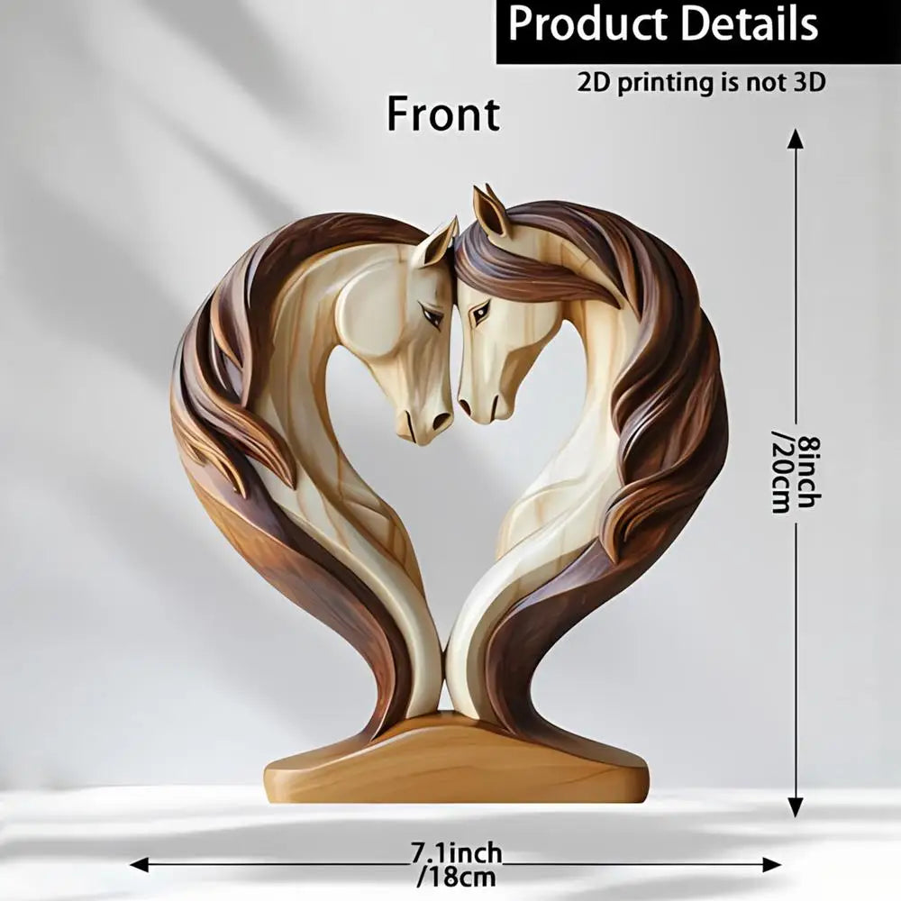 Decorative wooden-style statue featuring two horses with flowing manes forming a heart shape, in cream and brown tones.