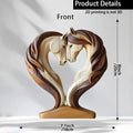 Decorative wooden-style statue featuring two horses with flowing manes forming a heart shape, in cream and brown tones.