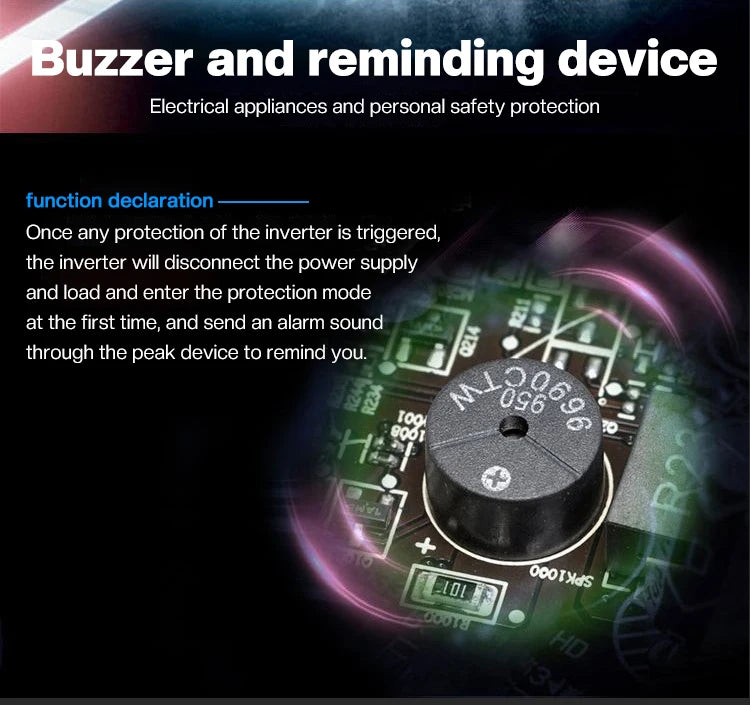 Close-up of a black circular buzzer mounted on a green electronic circuit board with surrounding pink light effects.