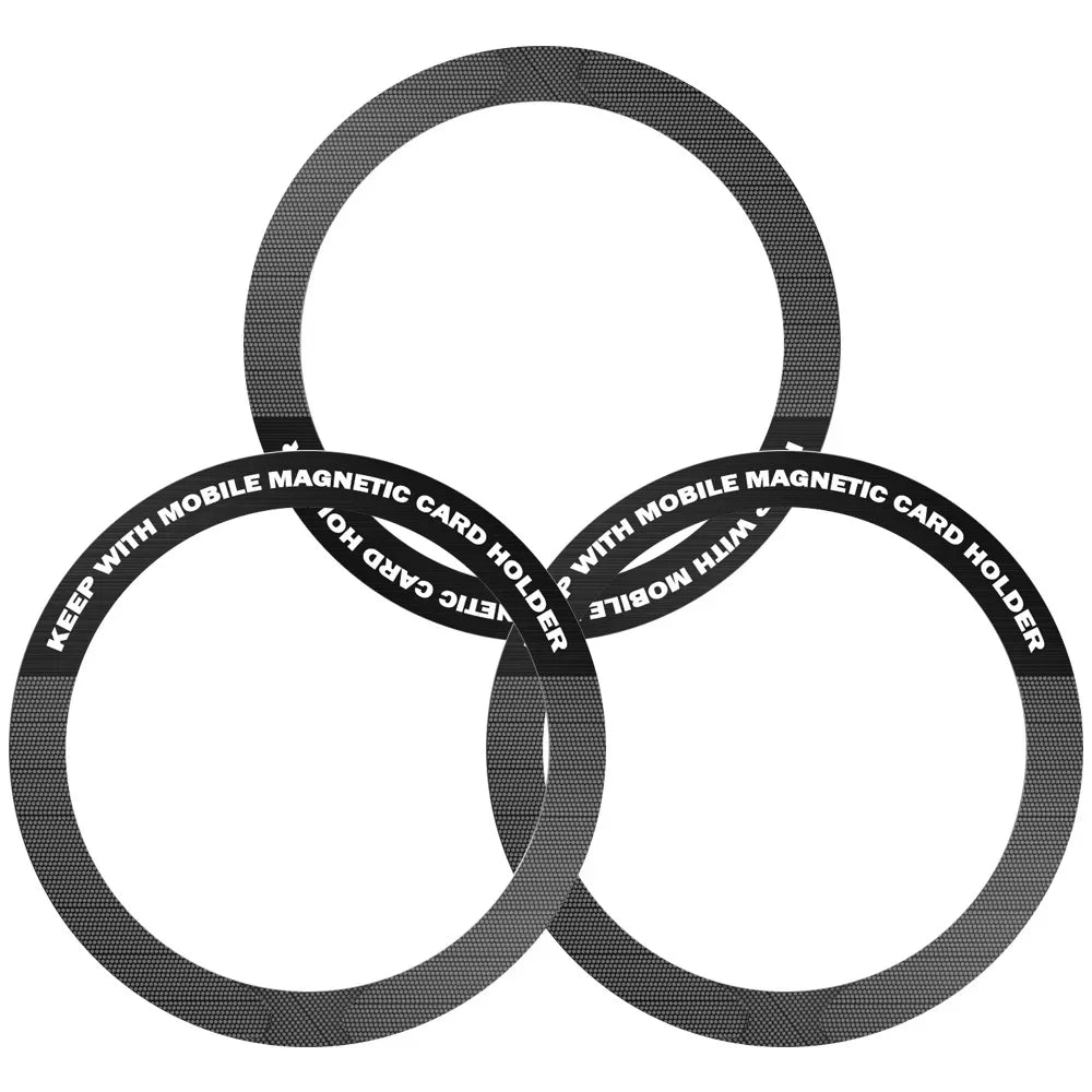 Three overlapping black magnetic rings with a textured, dotted surface and white text labels on the rims.