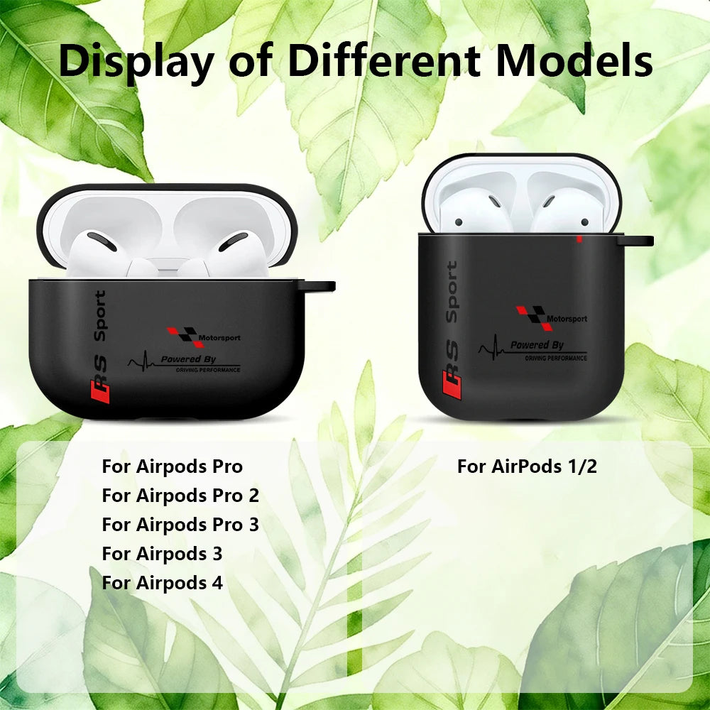 Black matte silicone RS Motorsport cases for AirPods Pro, Pro 2, 3, 4 and AirPods 1/2.