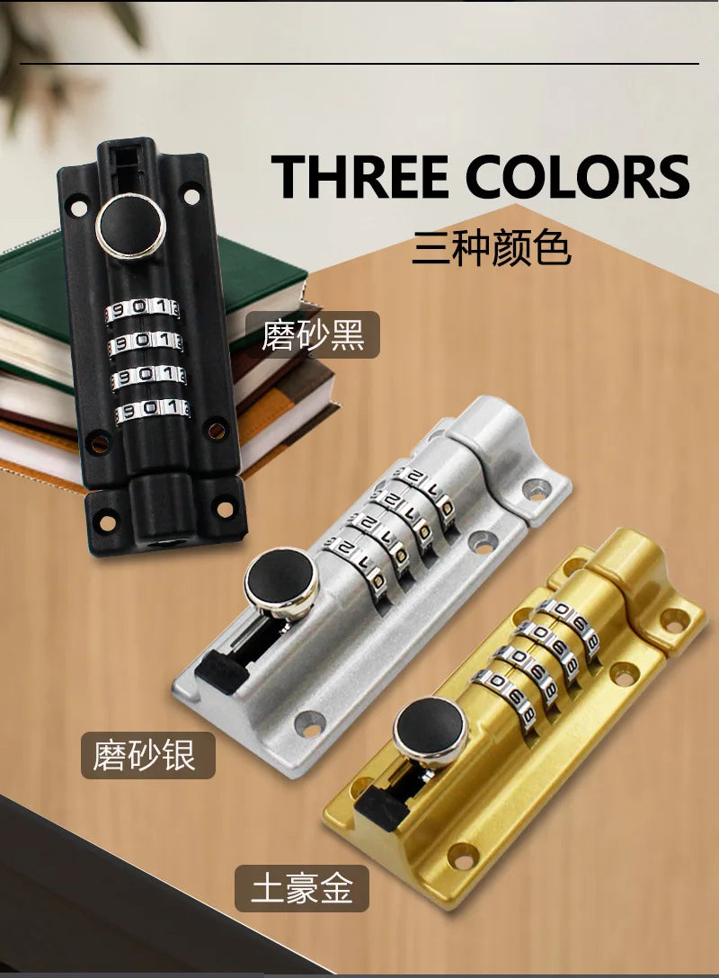 Three metal door bolts with combination locks in matte black, silver, and gold finishes.